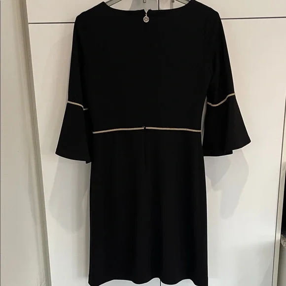 Tommy Hilfiger Women's 3/4 Bell Sleeve Elegant Black Dress With Gold Trim - Picture 5 of 16